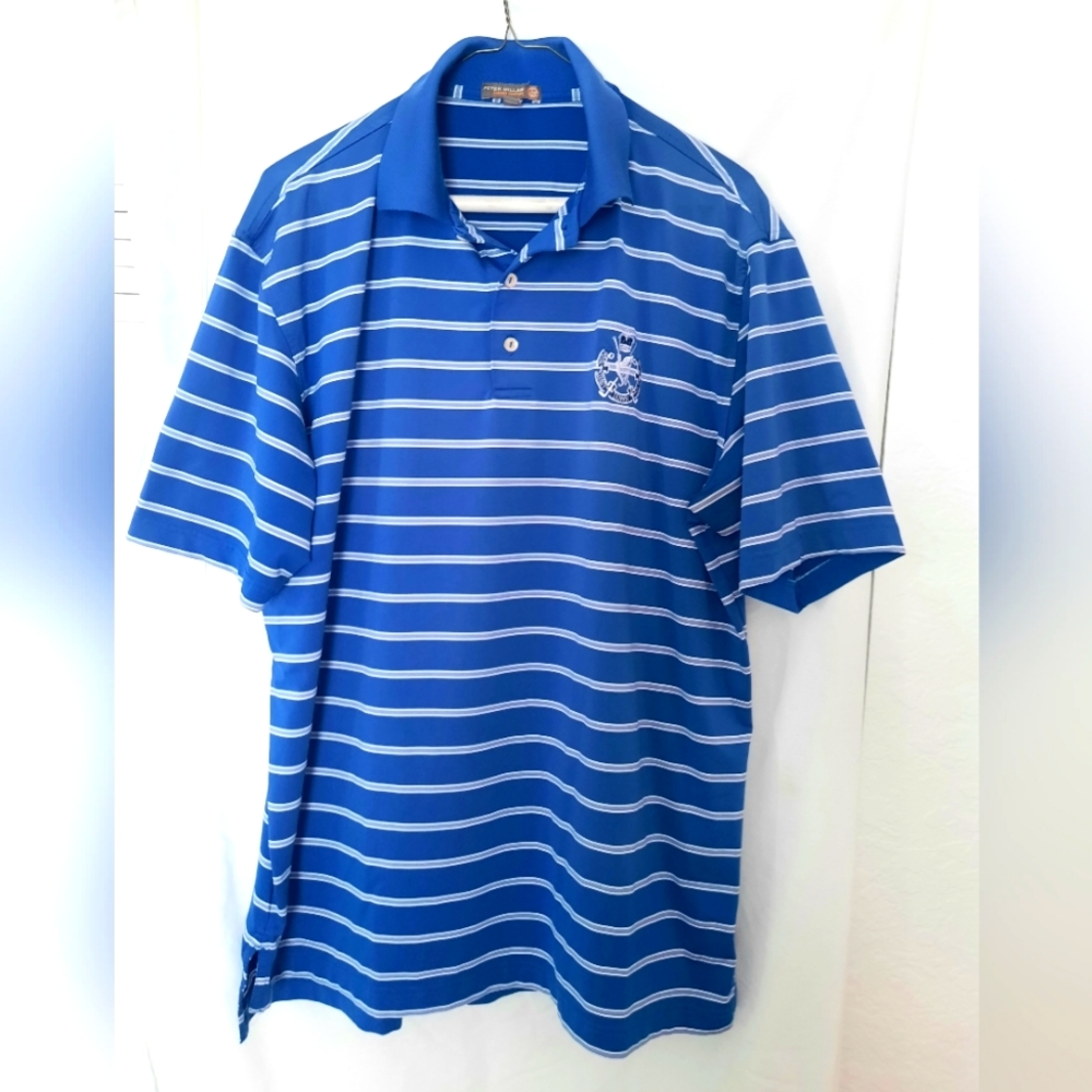 Peter Millar Summer Comfort Men's Large White Blue Stripe Slit Short Sleeve Golf